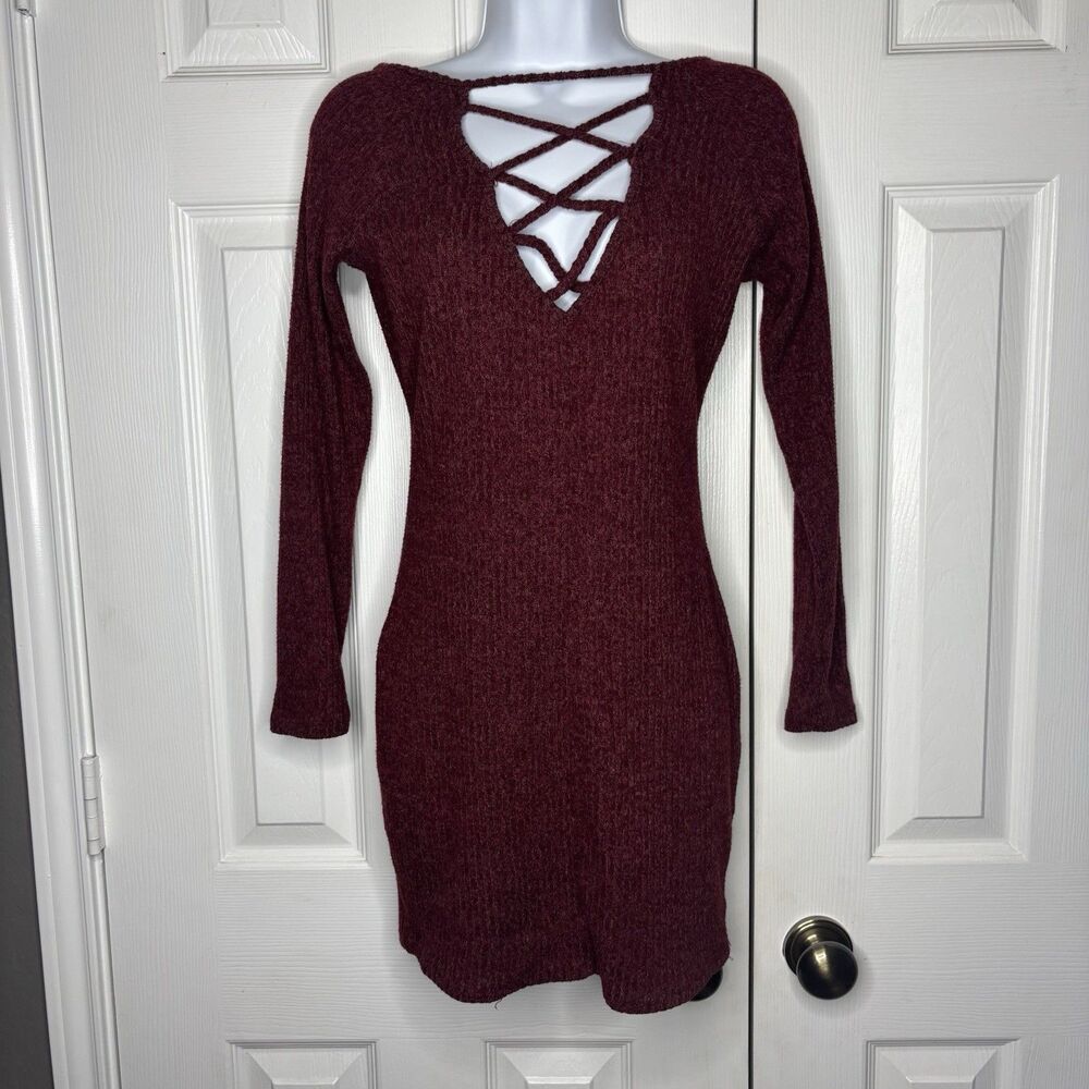 XS Burgundy Lace Up Bodycon Sweater Dress Long Sleeve Soft Stretch